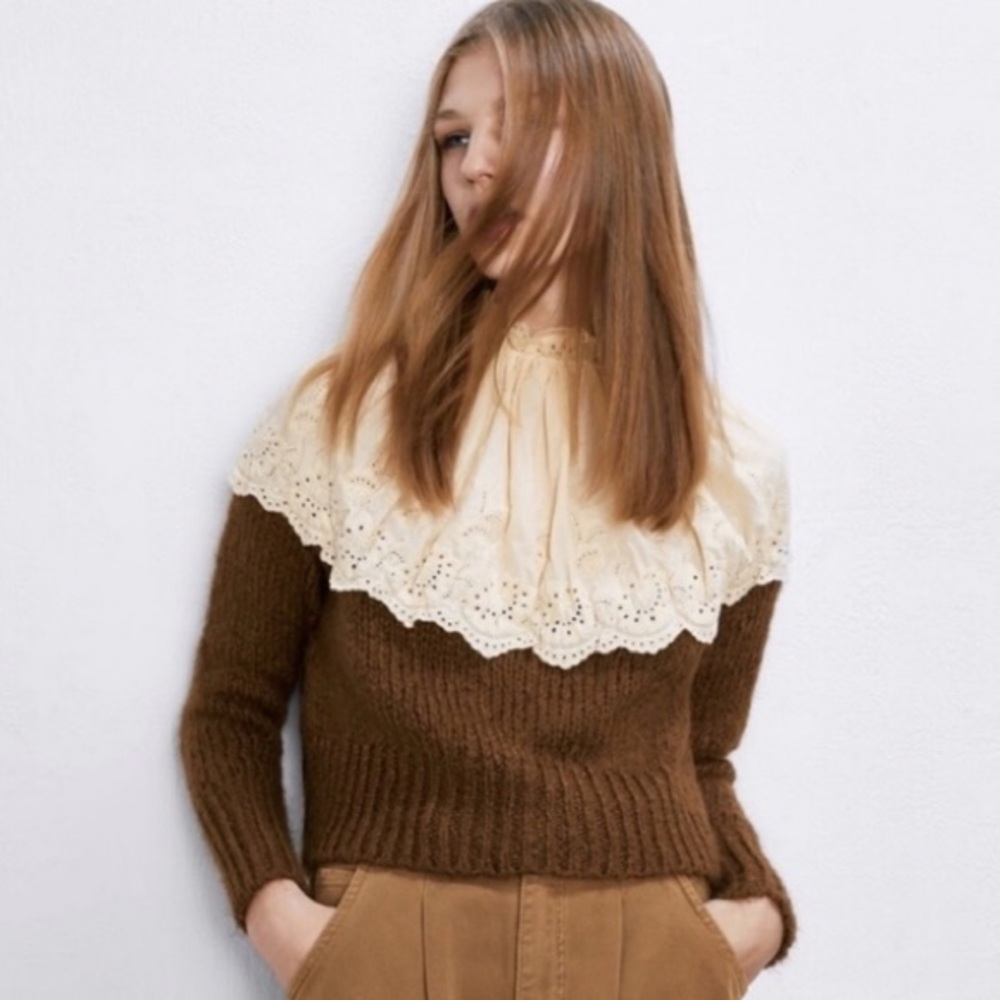 Zara Brown Lace & Knit Sweater